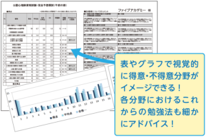 表やグラフで視覚的に得意・不得意分野がイメージできる！各分野におけるこれからの勉強法も細かにアドバイス！